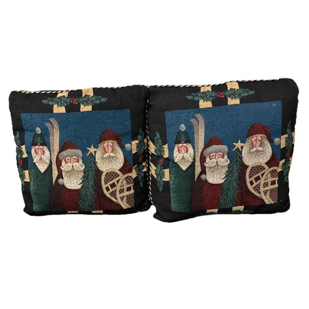 Vtg Tapestry‎ Primitive Santa Claus Skiing Christmas Throw Decor Pillow Set Of 2